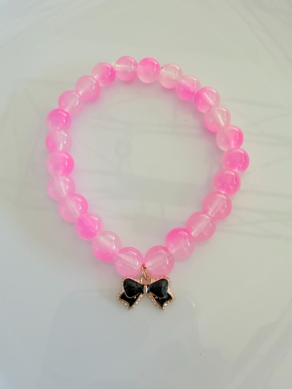 Pink Beaded Bracelet with Black Bow Charm Handmade Coquette Girl Gift Jewelry